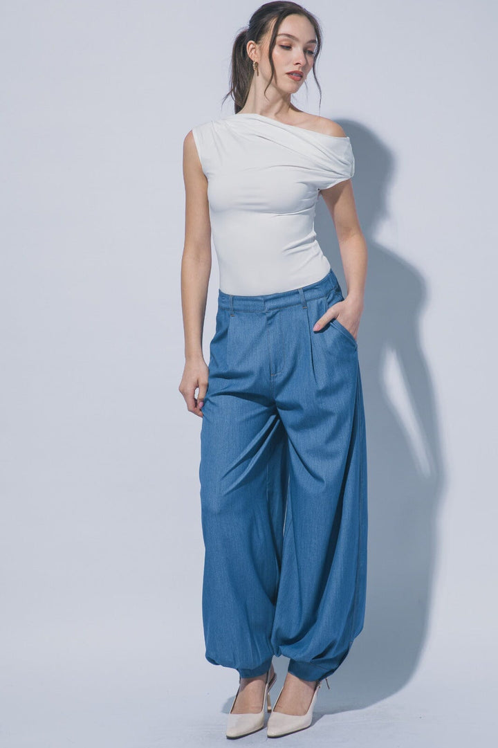 WOMEN'S ELASTIC WAIST BUTTON CLOSURE POCKETS JOGGER LEG PANTS