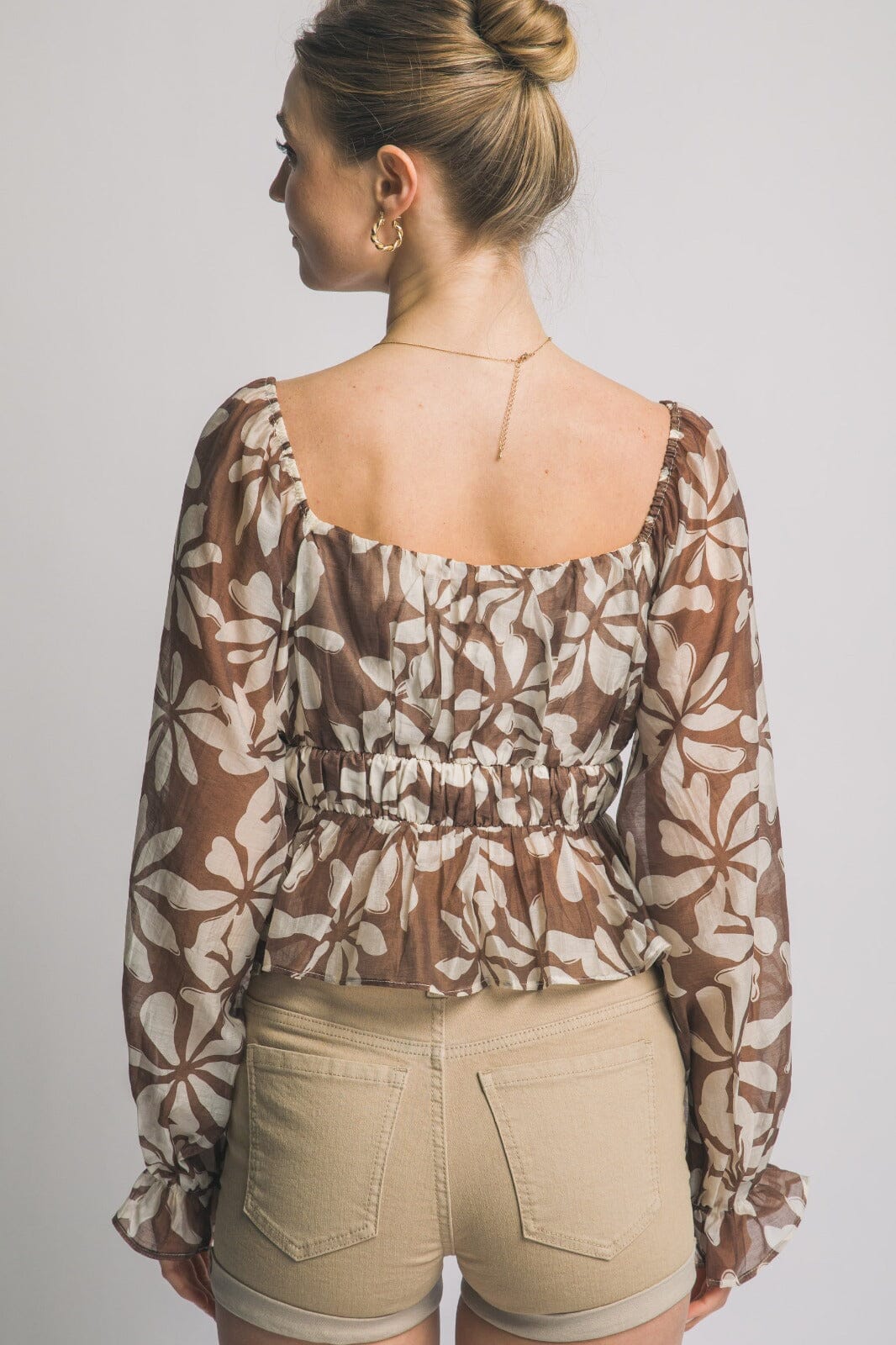 WOMEN'S LONG SLEEVE ELASTIC WAIST PEPLUM FLORAL PRINT BLOUSE