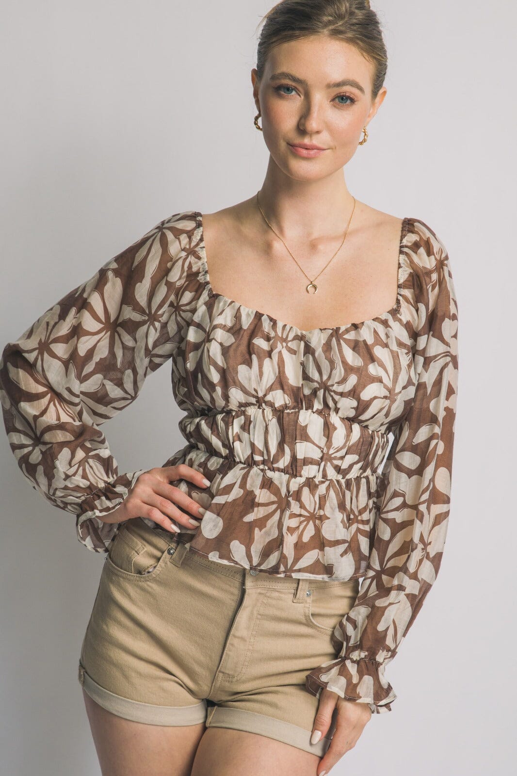 WOMEN'S LONG SLEEVE ELASTIC WAIST PEPLUM FLORAL PRINT BLOUSE