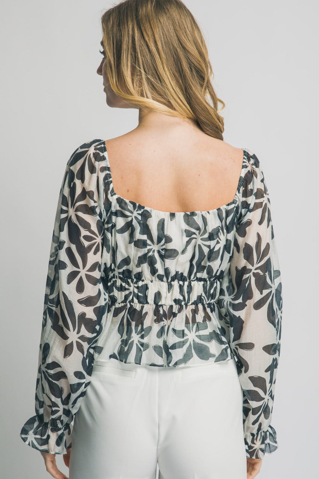 WOMEN'S LONG SLEEVE ELASTIC WAIST PEPLUM FLORAL PRINT BLOUSE