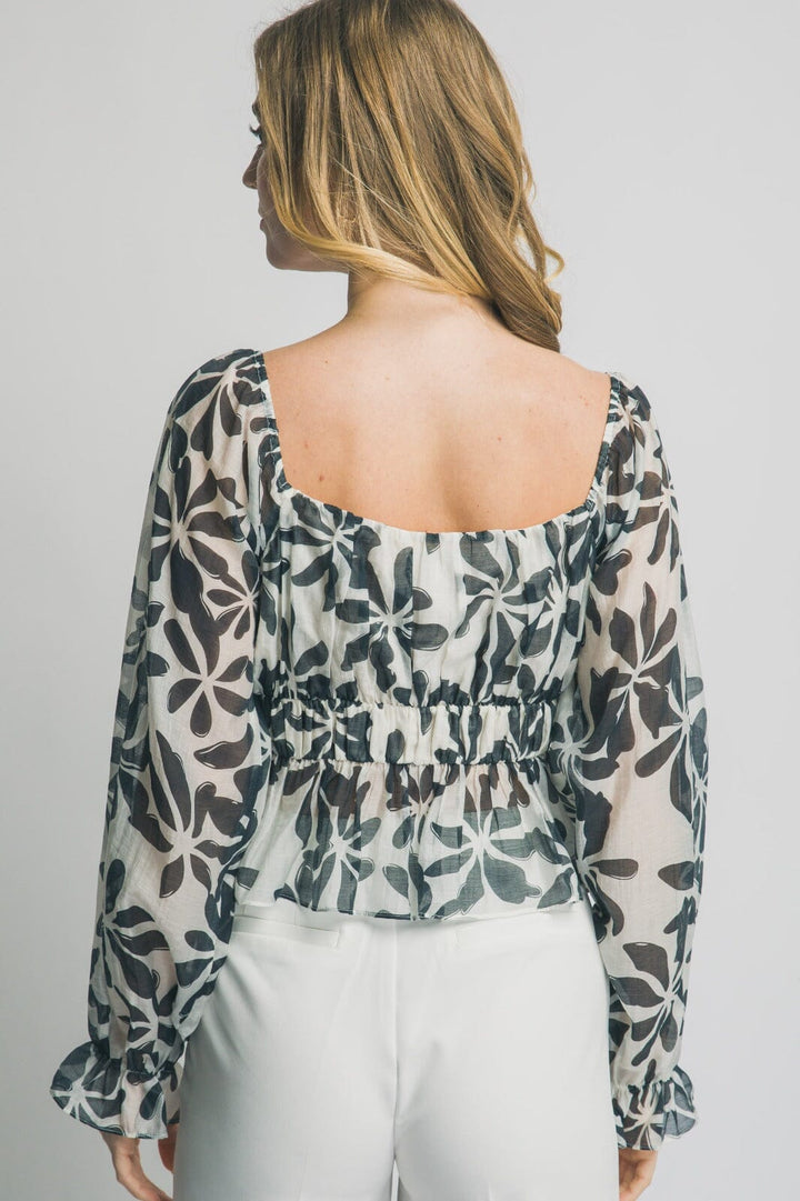 WOMEN'S LONG SLEEVE ELASTIC WAIST PEPLUM FLORAL PRINT BLOUSE