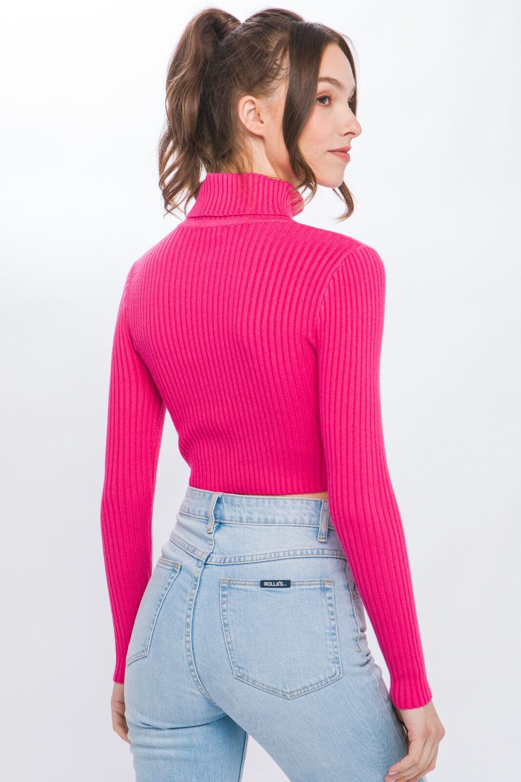 WOMEN'S LONG SLEEVE TURTLE NECK RIBBED CROP TOP