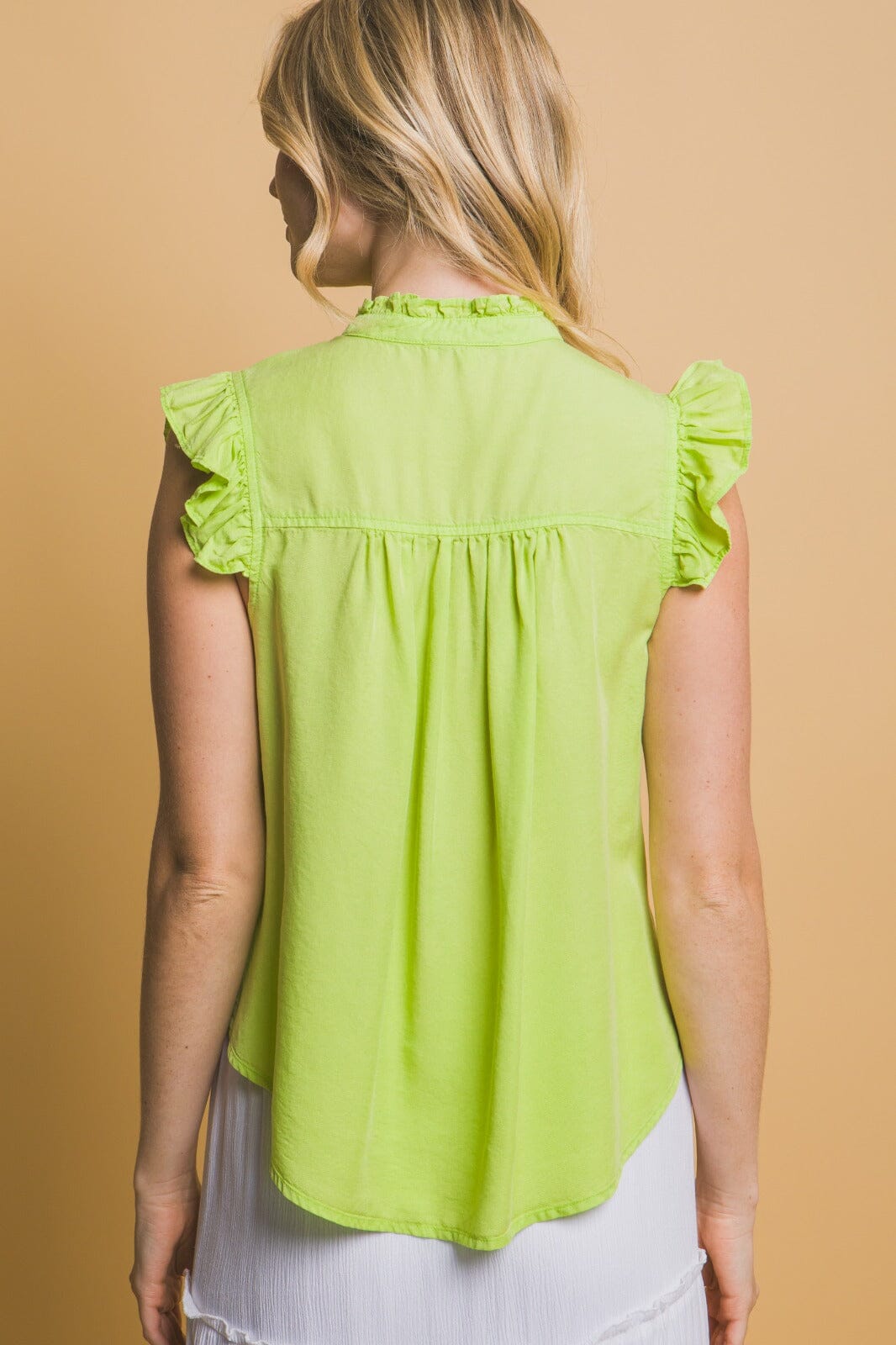 WOMEN'S RUFFLE SLEEVE BUTTON UP LINEN BLOUSE
