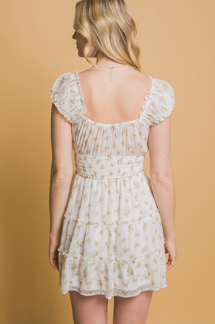 WOMEN'S SHORT SLEEVES SMOCK WAIST FIT & FLARE FLORAL MINI DRESS