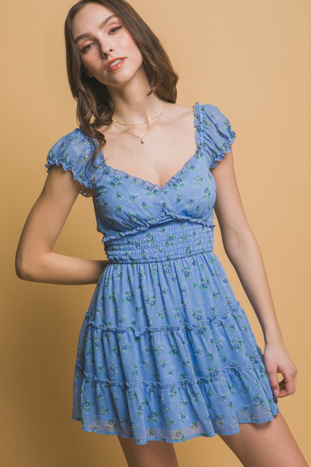 WOMEN'S SHORT SLEEVES SMOCK WAIST FIT & FLARE FLORAL MINI DRESS