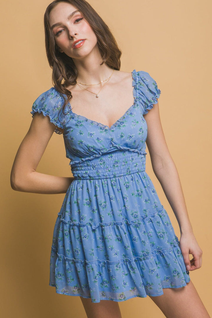 WOMEN'S SHORT SLEEVES SMOCK WAIST FIT & FLARE FLORAL MINI DRESS