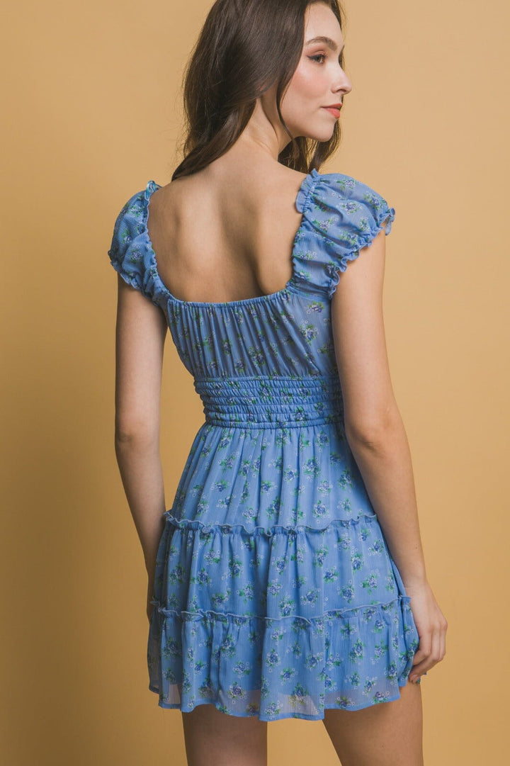 WOMEN'S SHORT SLEEVES SMOCK WAIST FIT & FLARE FLORAL MINI DRESS