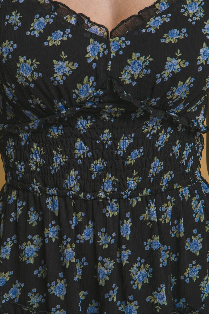 WOMEN'S SHORT SLEEVES SMOCK WAIST FIT & FLARE FLORAL MINI DRESS