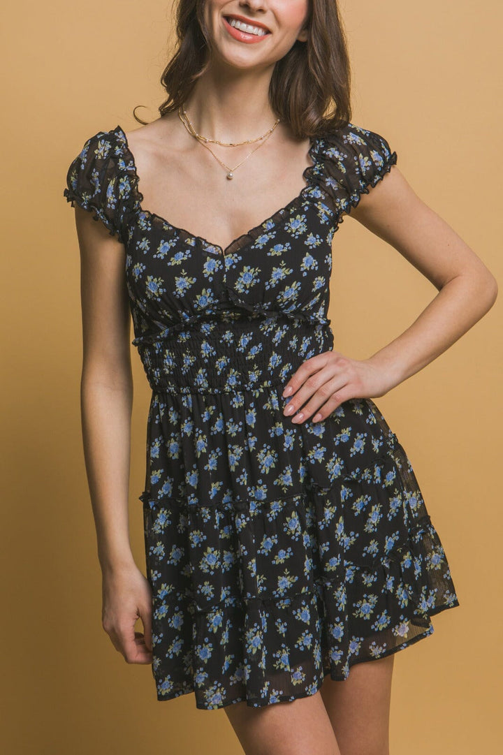 WOMEN'S SHORT SLEEVES SMOCK WAIST FIT & FLARE FLORAL MINI DRESS