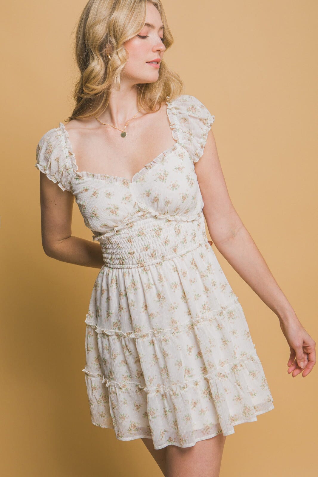 WOMEN'S SHORT SLEEVES SMOCK WAIST FIT & FLARE FLORAL MINI DRESS