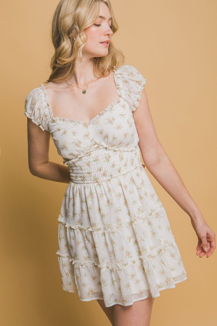 WOMEN'S SHORT SLEEVES SMOCK WAIST FIT & FLARE FLORAL MINI DRESS