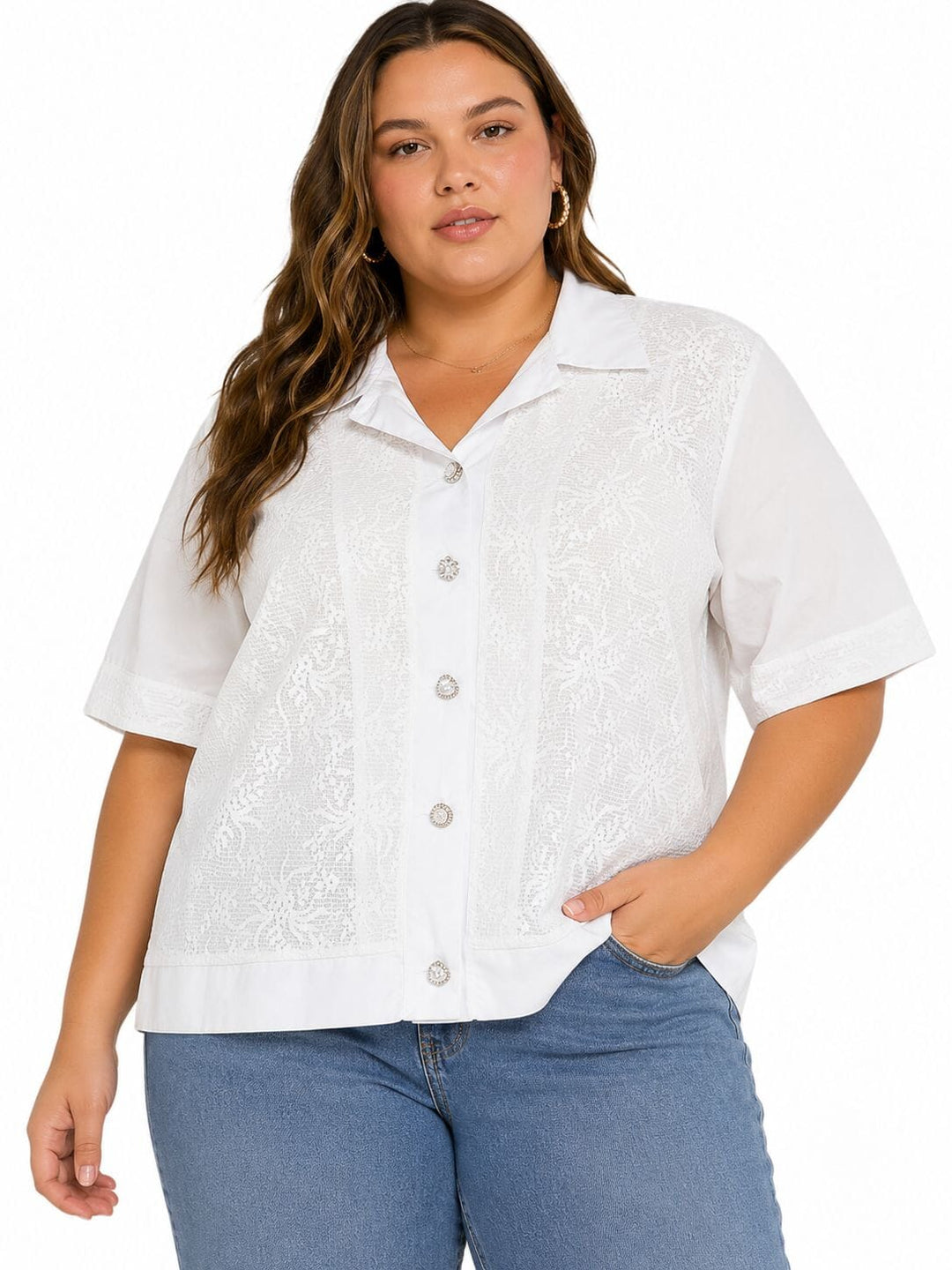 PLUS SIZE SHORT SLEEVE BUTTON UP FLORAL LACE DETAILED BLOUSE