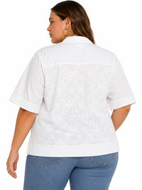 PLUS SIZE SHORT SLEEVE BUTTON UP FLORAL LACE DETAILED BLOUSE