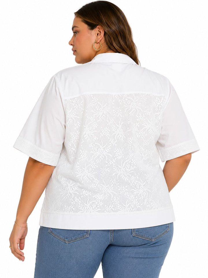 PLUS SIZE SHORT SLEEVE BUTTON UP FLORAL LACE DETAILED BLOUSE