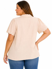 PLUS SIZE SHORT SLEEVE V-NECK BUTTON UP EMBROIDERY TRIM DETAILED BLOUSE