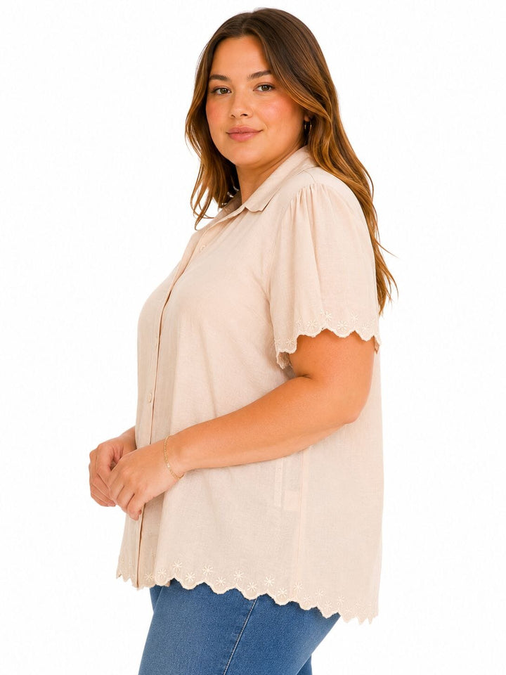 PLUS SIZE SHORT SLEEVE V-NECK BUTTON UP EMBROIDERY TRIM DETAILED BLOUSE