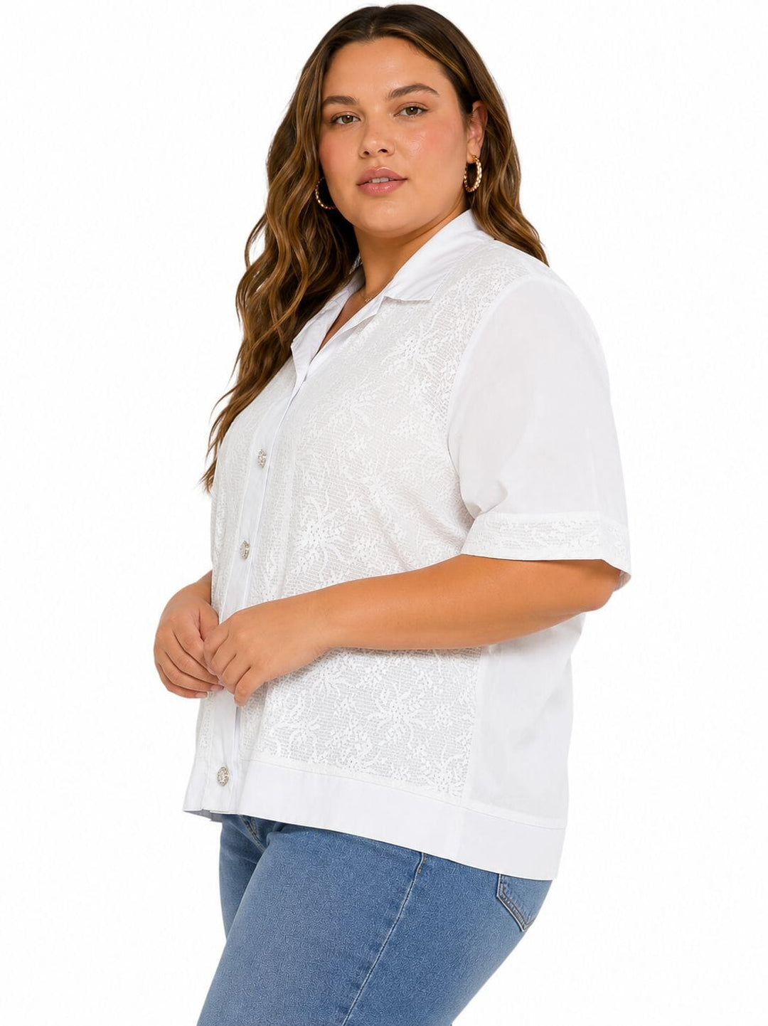 PLUS SIZE SHORT SLEEVE BUTTON UP FLORAL LACE DETAILED BLOUSE