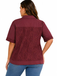 PLUS SIZE SHORT SLEEVE BUTTON UP FLORAL LACE DETAILED BLOUSE