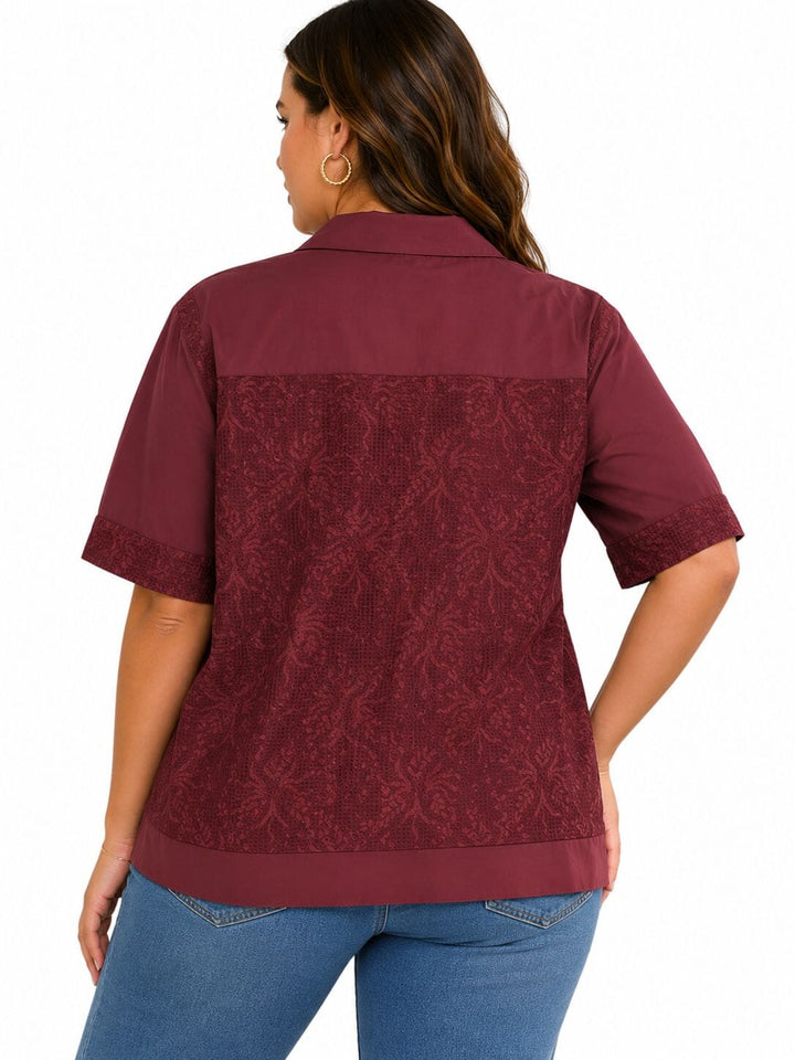 PLUS SIZE SHORT SLEEVE BUTTON UP FLORAL LACE DETAILED BLOUSE