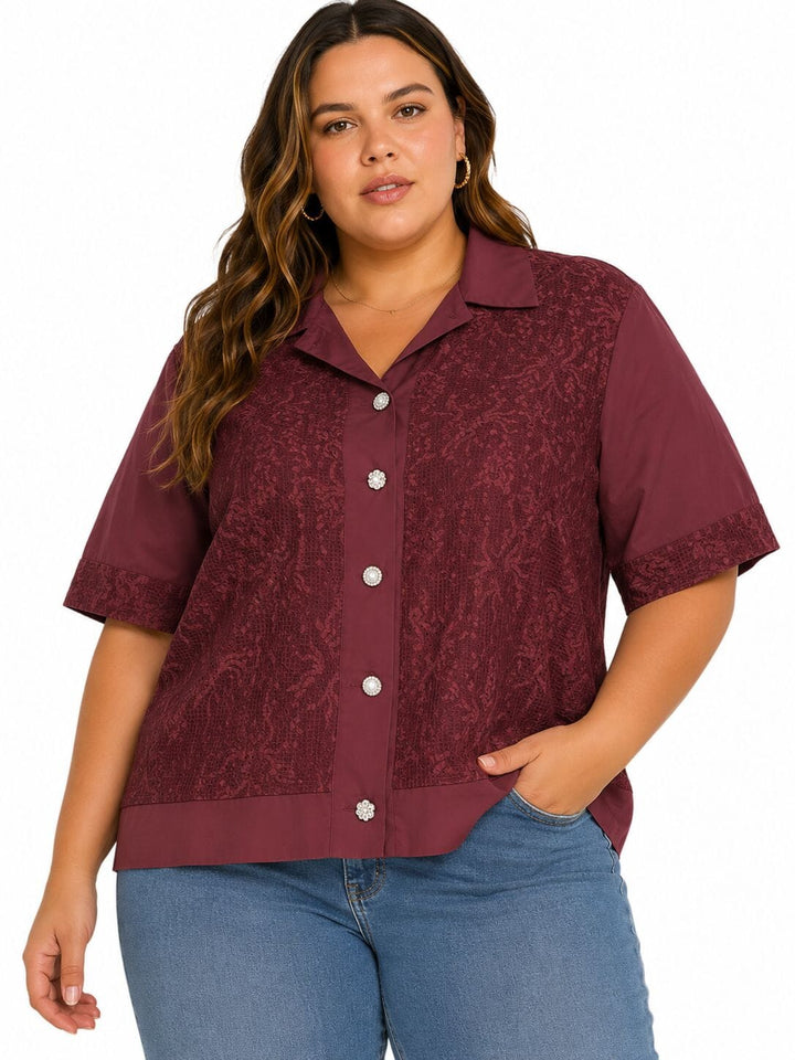 PLUS SIZE SHORT SLEEVE BUTTON UP FLORAL LACE DETAILED BLOUSE