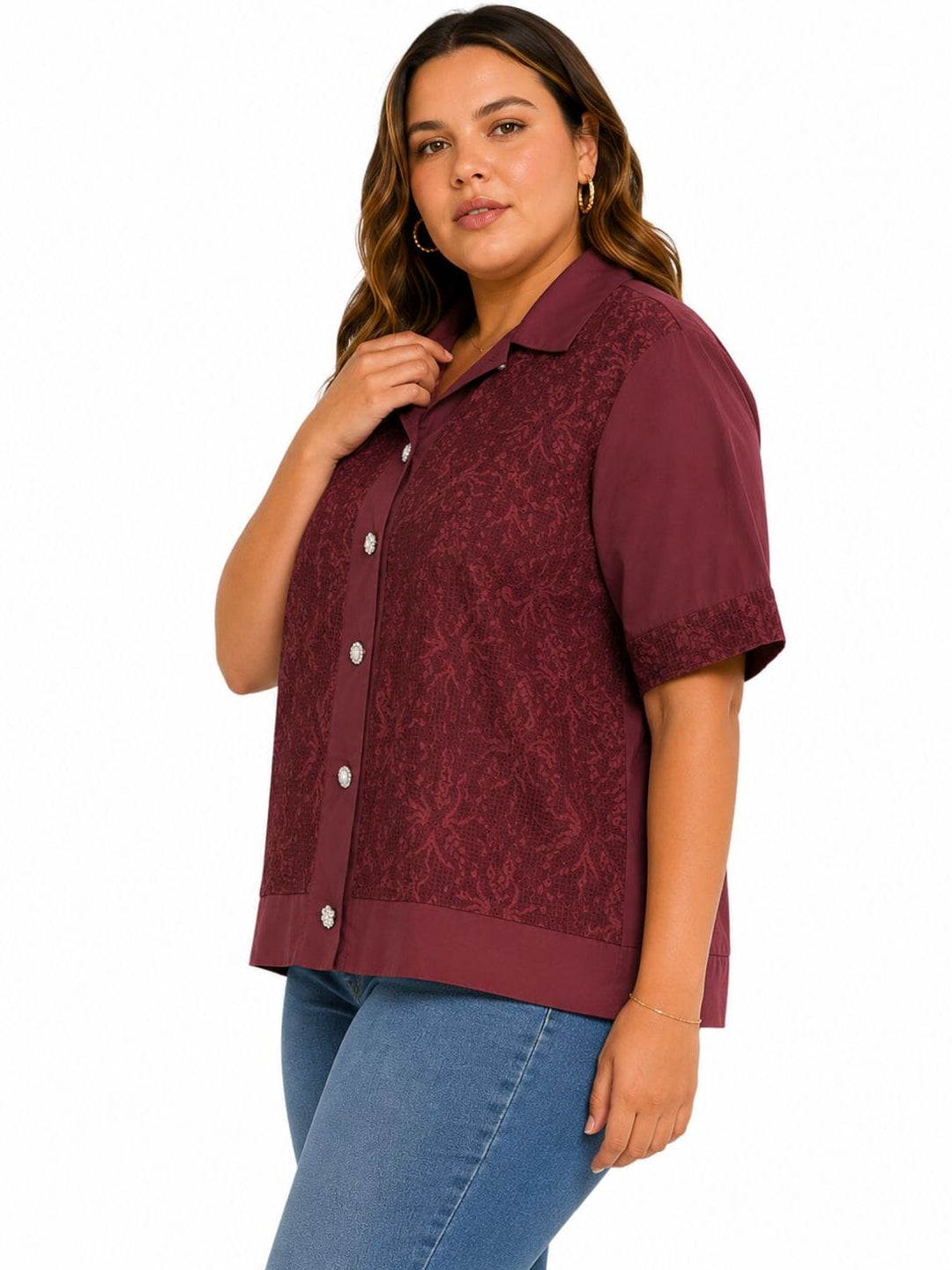 PLUS SIZE SHORT SLEEVE BUTTON UP FLORAL LACE DETAILED BLOUSE