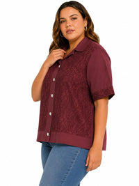 PLUS SIZE SHORT SLEEVE BUTTON UP FLORAL LACE DETAILED BLOUSE