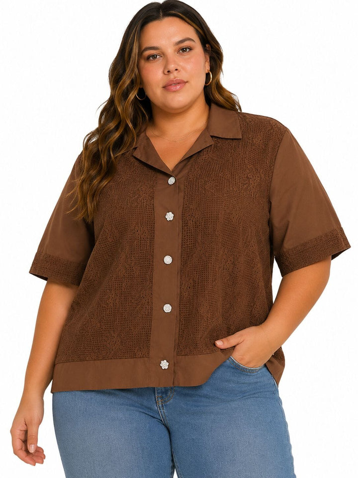PLUS SIZE SHORT SLEEVE BUTTON UP FLORAL LACE DETAILED BLOUSE