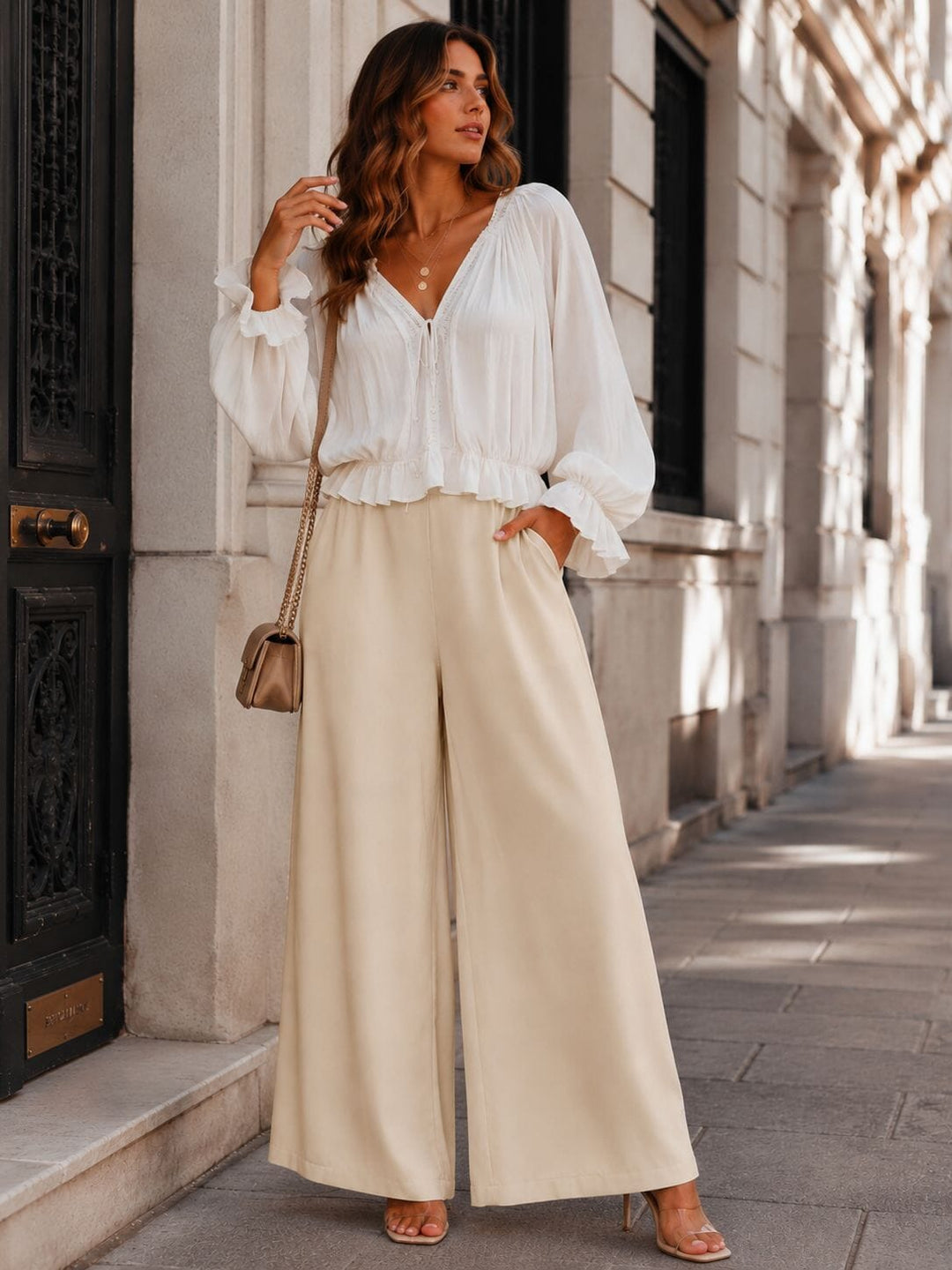 WOMEN'S ELASTIC WAIST ZIPPER CLOSURE FRONT POCKETS WIDE LEG PANTS