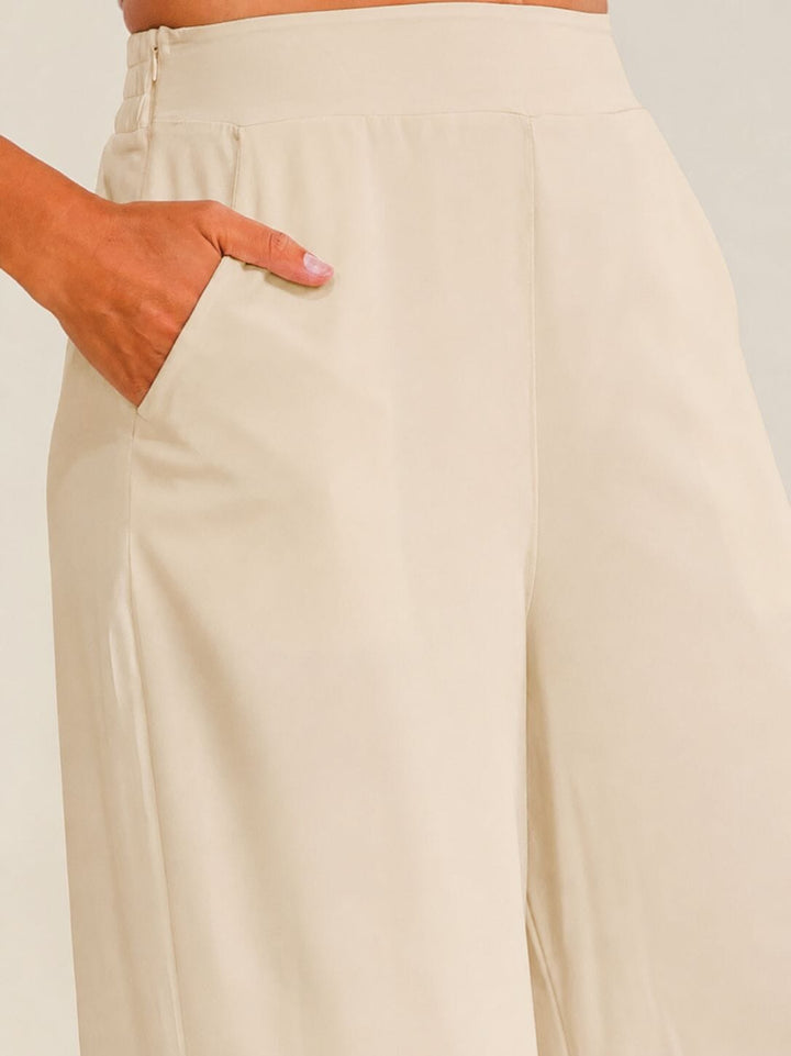 WOMEN'S ELASTIC WAIST ZIPPER CLOSURE FRONT POCKETS WIDE LEG PANTS