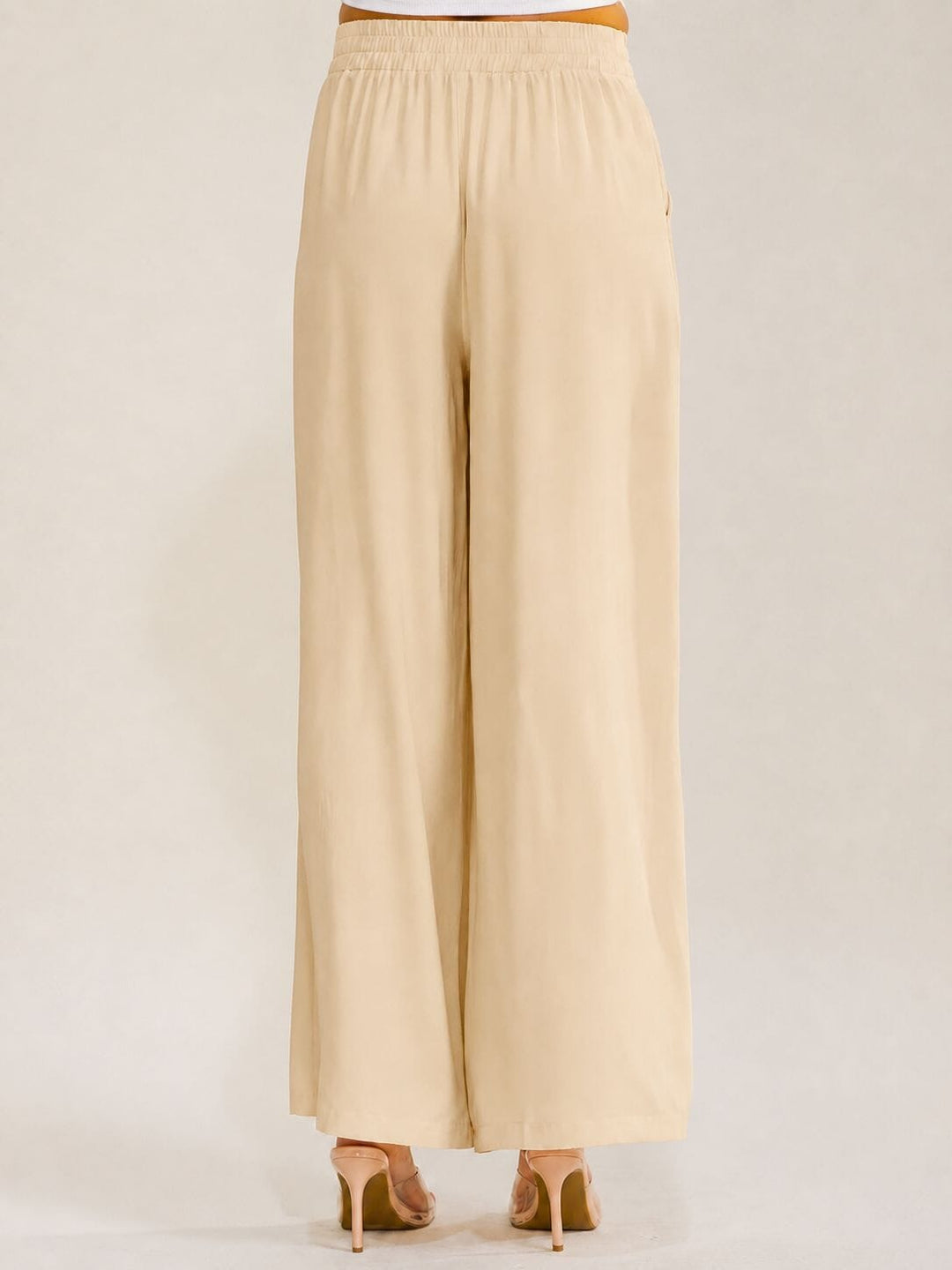 WOMEN'S ELASTIC WAIST ZIPPER CLOSURE FRONT POCKETS WIDE LEG PANTS