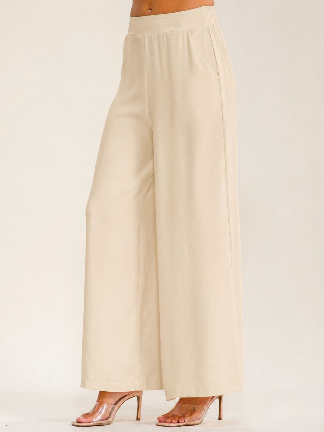 WOMEN'S ELASTIC WAIST ZIPPER CLOSURE FRONT POCKETS WIDE LEG PANTS