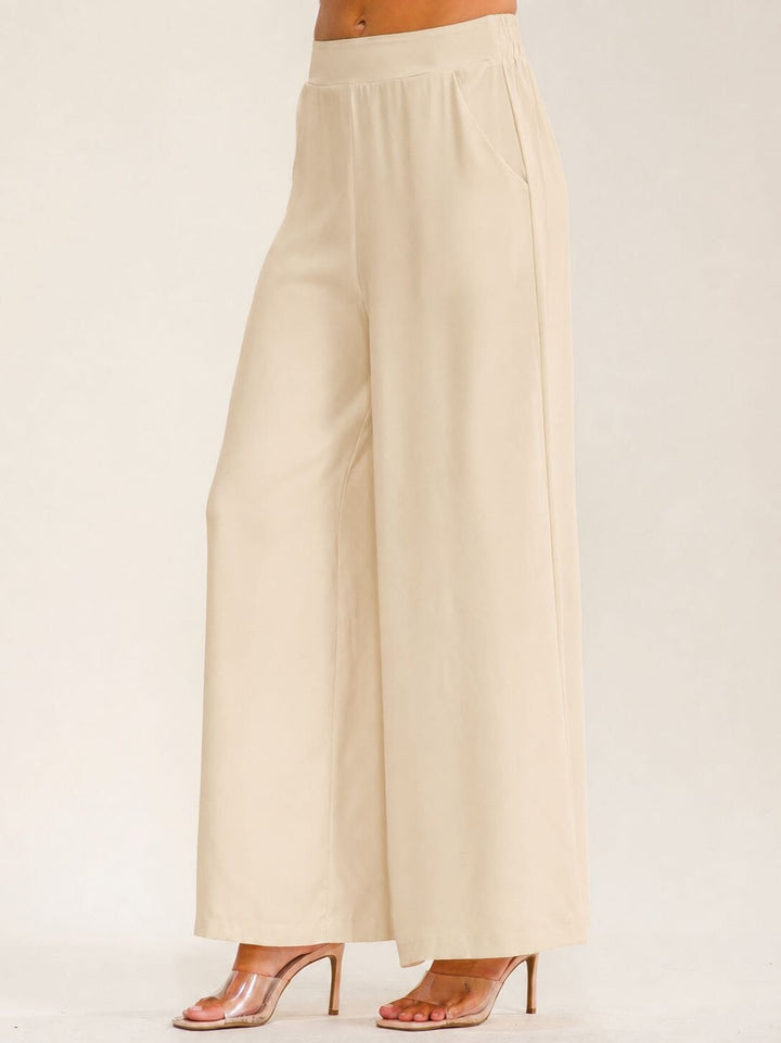 WOMEN'S ELASTIC WAIST ZIPPER CLOSURE FRONT POCKETS WIDE LEG PANTS