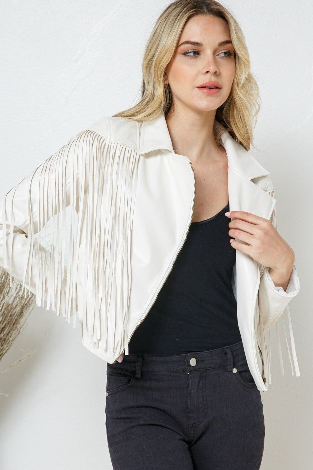 WOMEN'S PU PLEATHER FRINGE JACKET