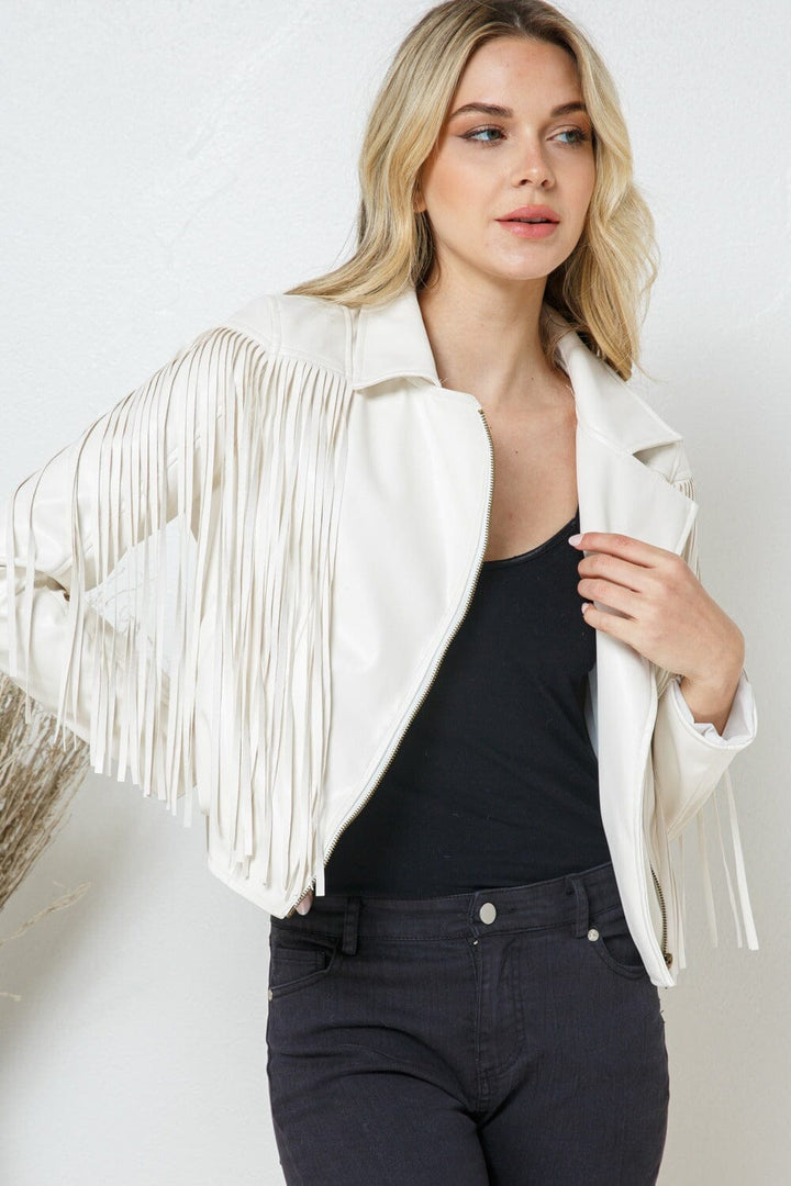 WOMEN'S PU PLEATHER FRINGE JACKET