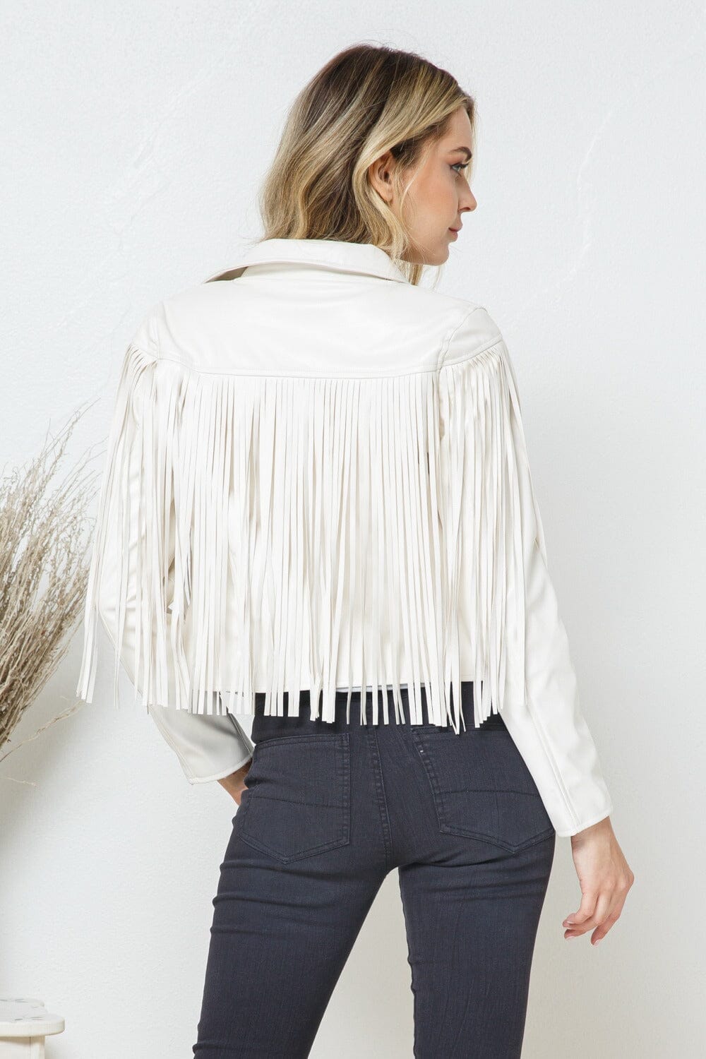 WOMEN'S PU PLEATHER FRINGE JACKET