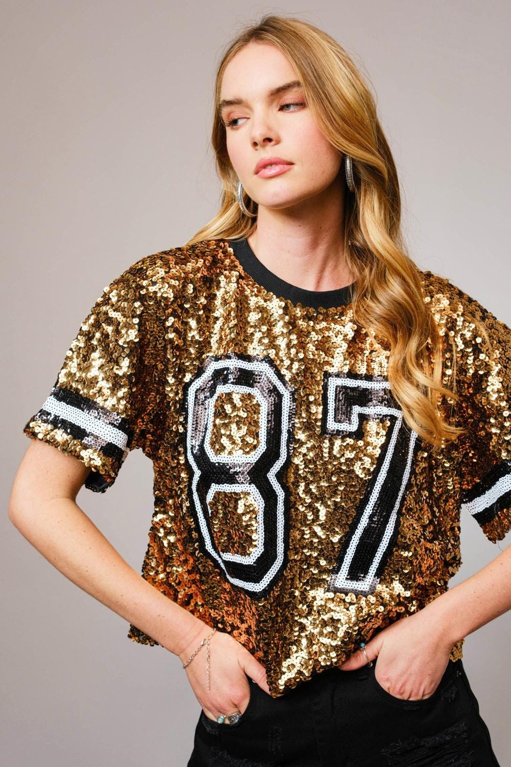 WOMEN'S SHORT SLEEVE SEQUINS TOP