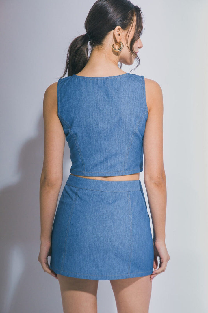 WOMEN'S SLEEVELESS ZIP UP TOP & ZIP UP MINI SKIRT CHAMBRAY 2PC. SET