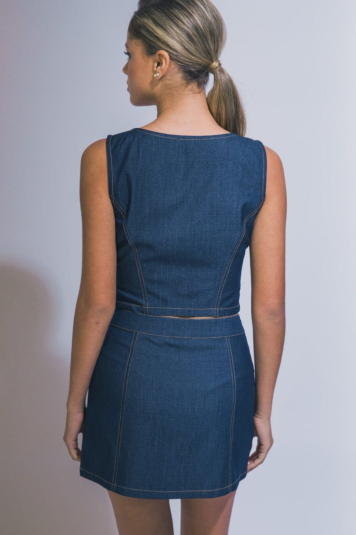 WOMEN'S SLEEVELESS ZIP UP TOP & ZIP UP MINI SKIRT CHAMBRAY 2PC. SET