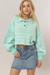 WOMEN'S LONG SLEEVE BUTTON CLOSURE COLORBLOCK STRIPES PULLOVER SWEATER
