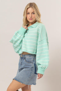 WOMEN'S LONG SLEEVE BUTTON CLOSURE COLORBLOCK STRIPES PULLOVER SWEATER