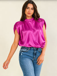 WOMEN'S SHOULDER PADDING MOCK NECK OPEN BACK SATIN BODYSUIT