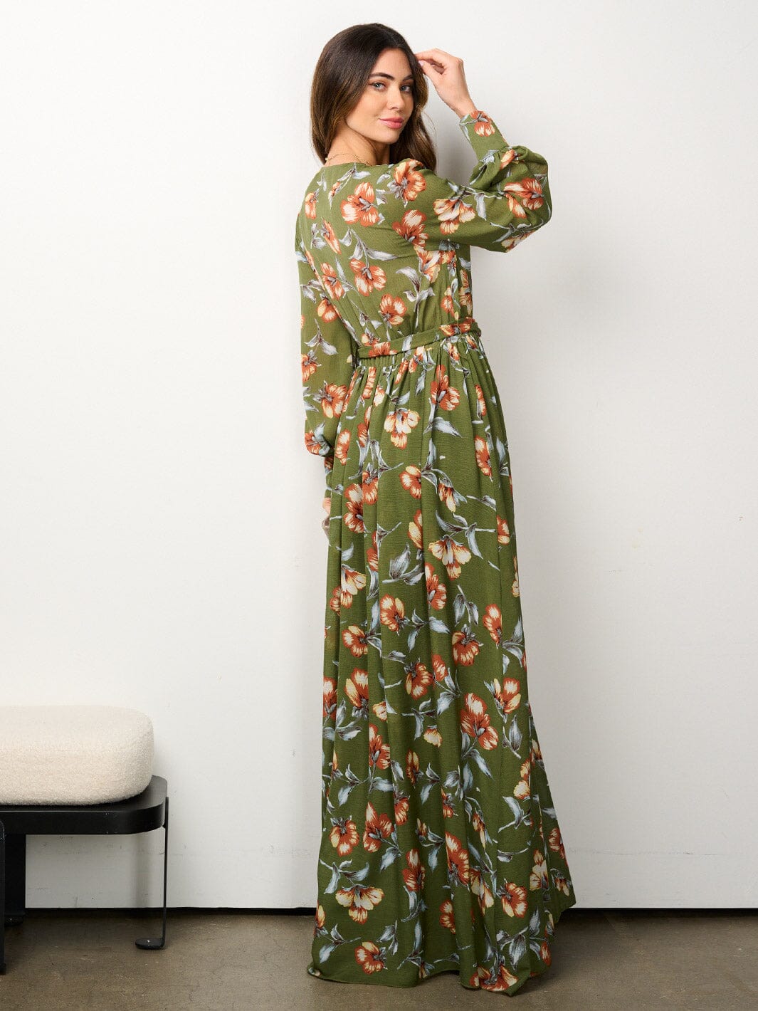 WOMEN'S LONG SLEEVE ELASTIC WAIST SURPLICE FLORAL MAXI DRESS