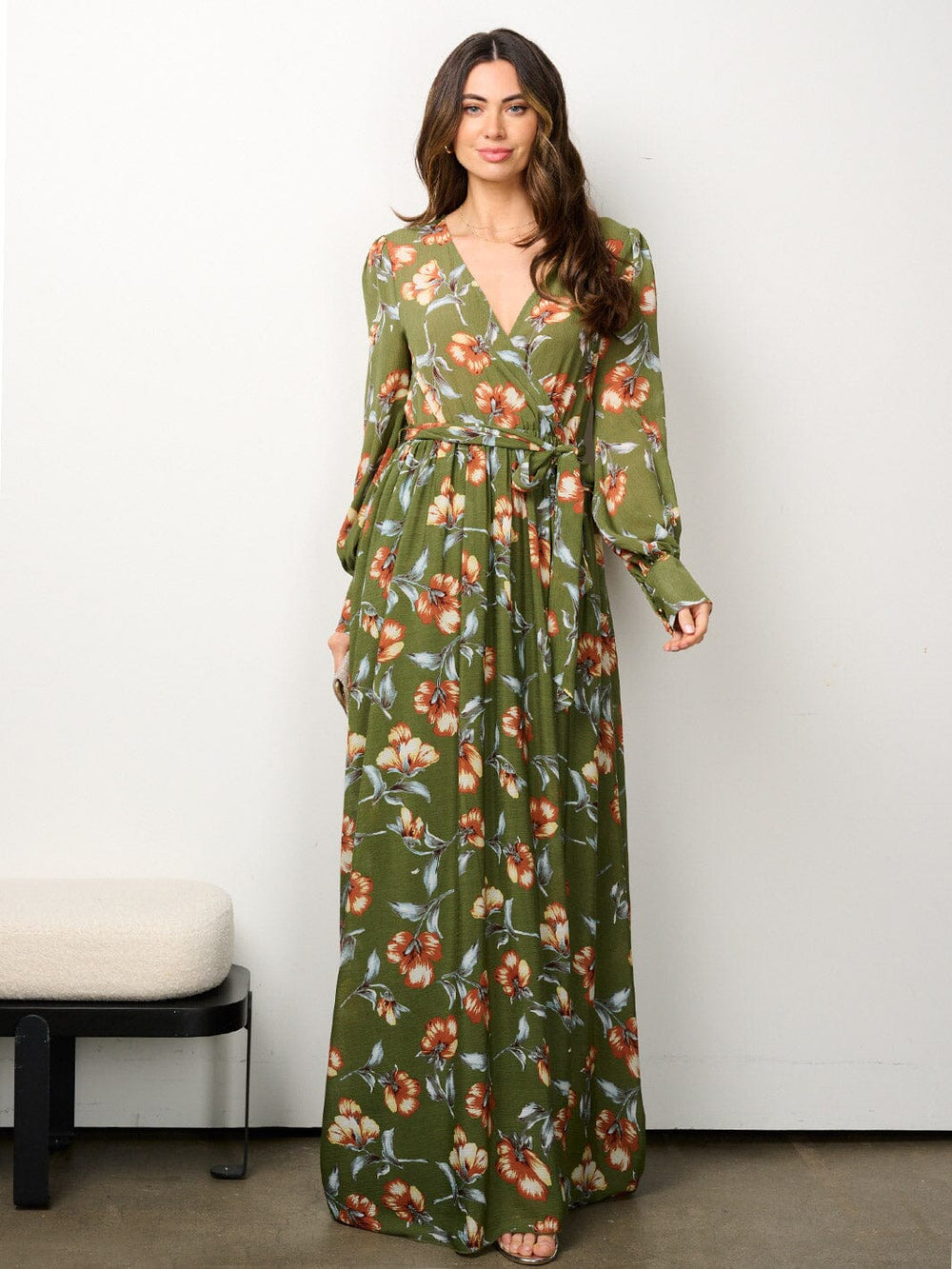 WOMEN'S LONG SLEEVE ELASTIC WAIST SURPLICE FLORAL MAXI DRESS
