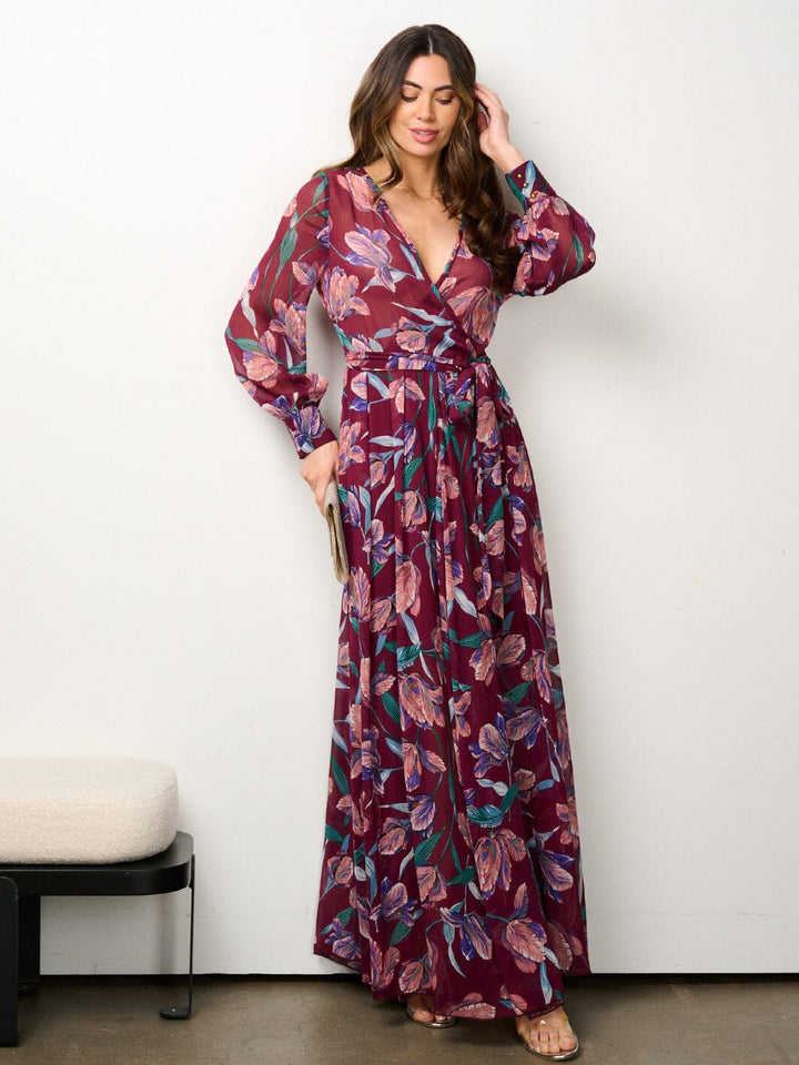 WOMEN'S LONG SLEEVE ELASTIC WAIST SURPLICE FLORAL MAXI DRESS