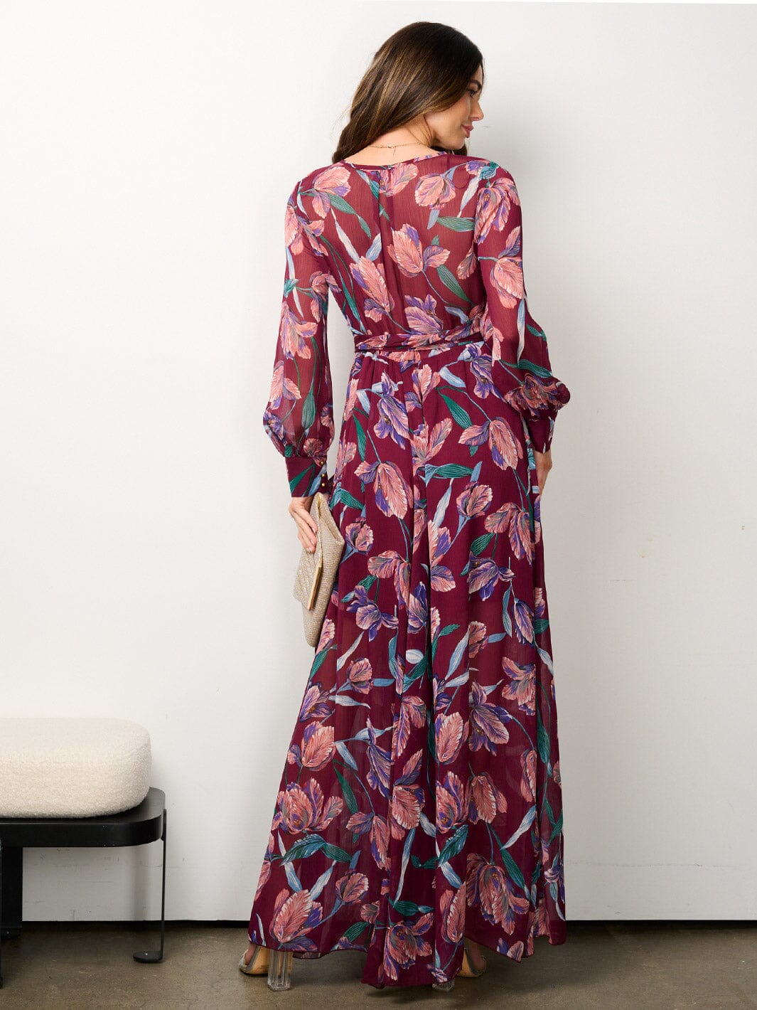 WOMEN'S LONG SLEEVE ELASTIC WAIST SURPLICE FLORAL MAXI DRESS
