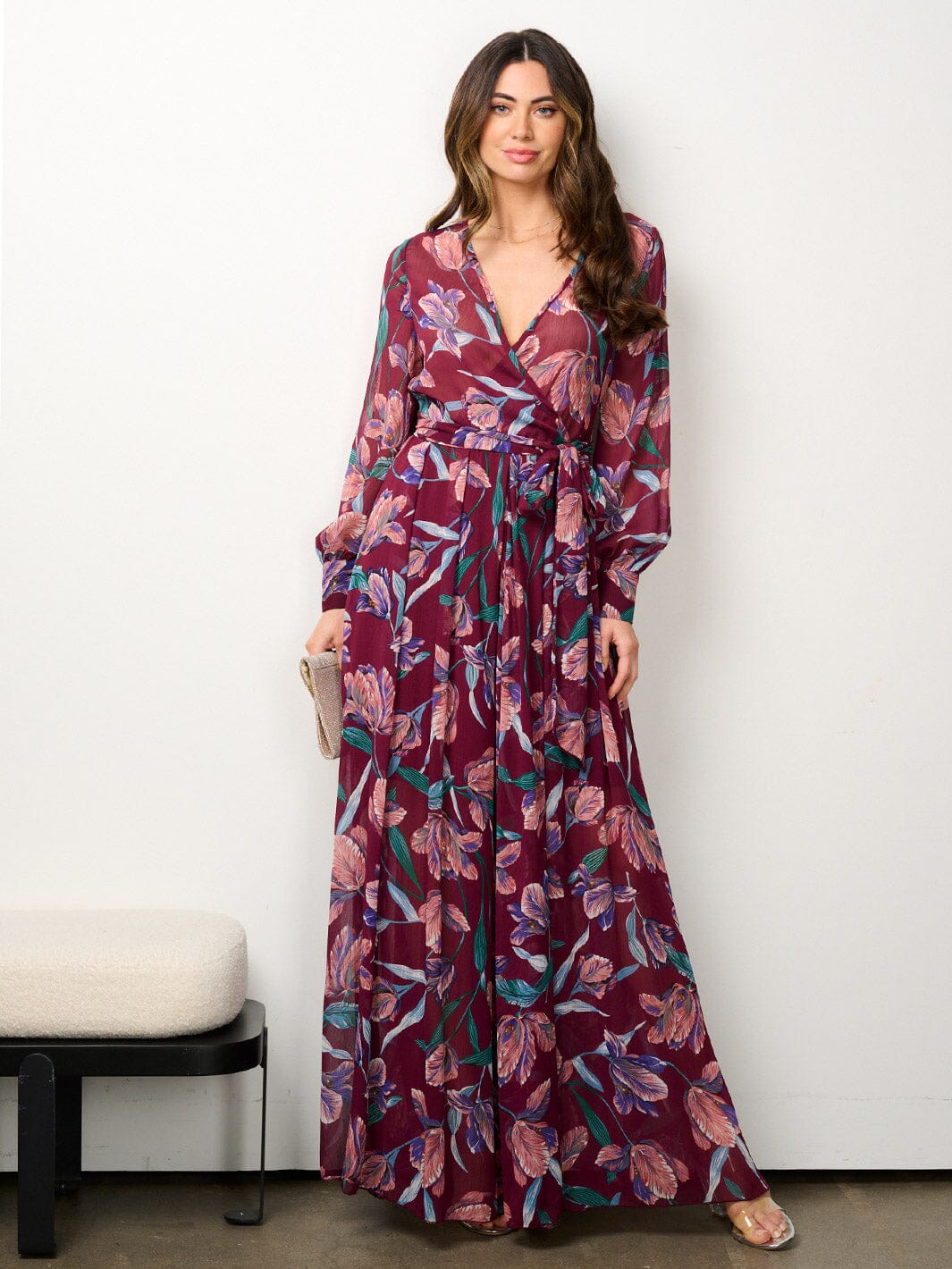 WOMEN'S LONG SLEEVE ELASTIC WAIST SURPLICE FLORAL MAXI DRESS