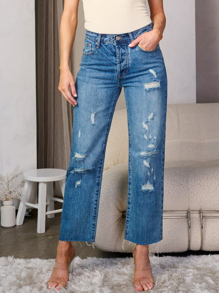 WOMEN'S BUTTON CLOSURE DISTRESS WIDE LEG DENIM JEANS