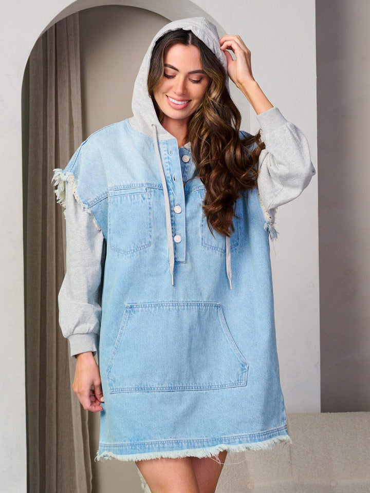 WOMEN'S LONG SLEEVE FRONT POCKETS HOODED DENIM MINI DRESS