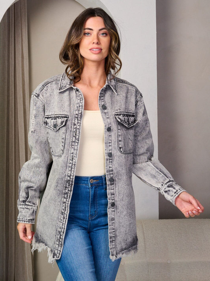 WOMEN'S LONG SLEEVE BUTTON UP WASHED DENIM JACKET