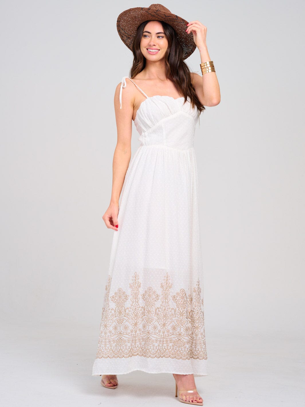 WOMEN'S SLEEVELESS SMOCK EYELET EMBROIDERY MAXI DRESS